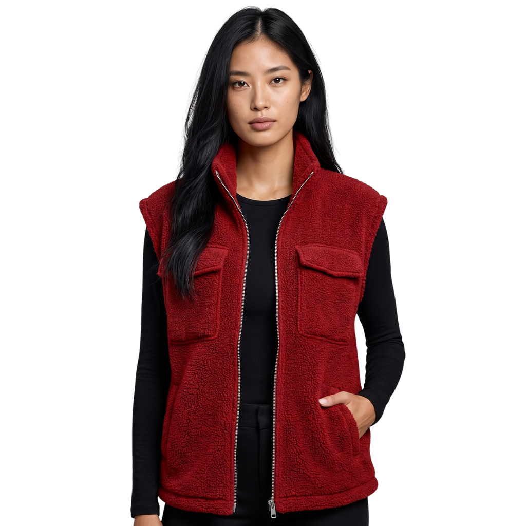 Women's Fleece Zip Vest with Stand Collar and Pockets