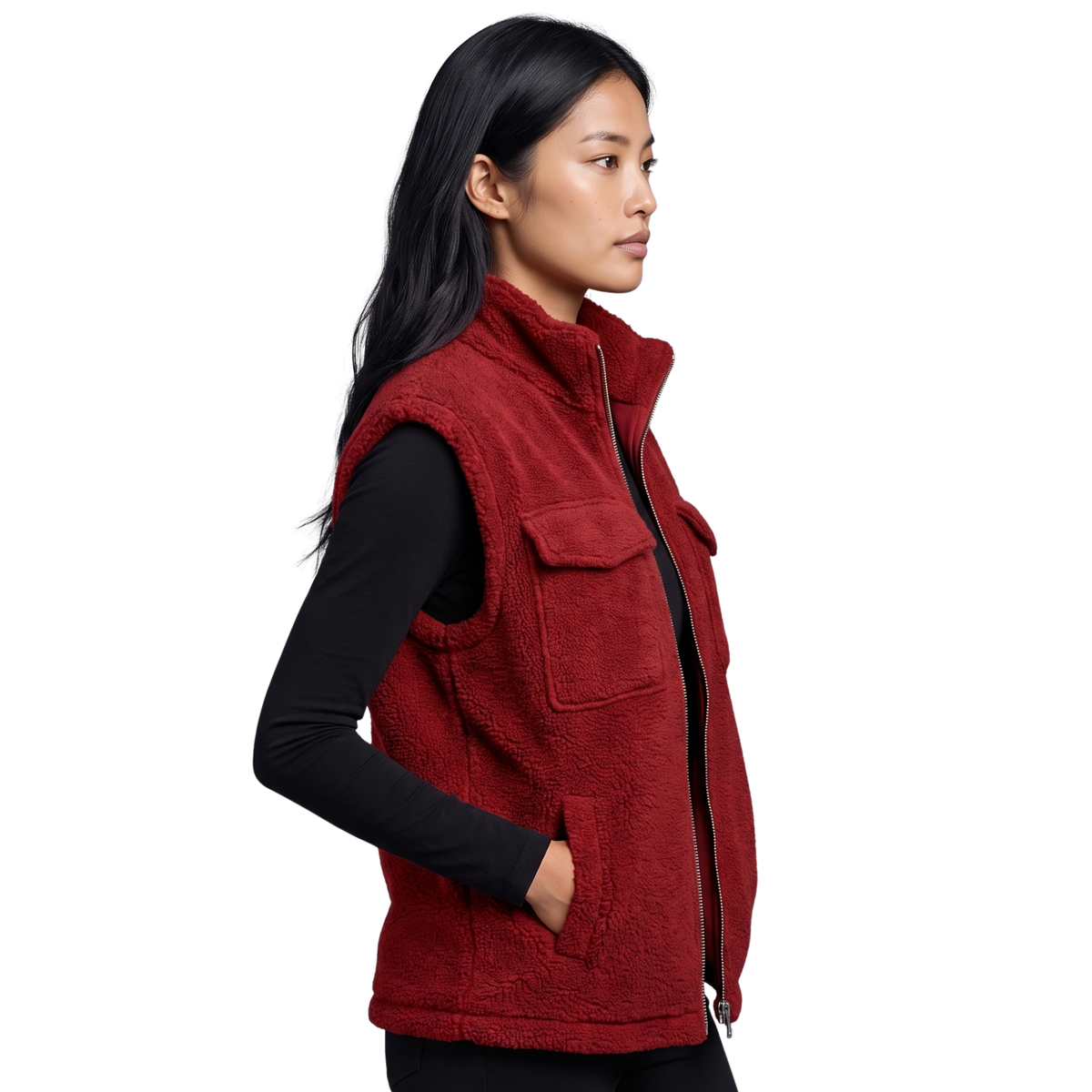 Women's Fleece Zip Vest with Stand Collar and Pockets
