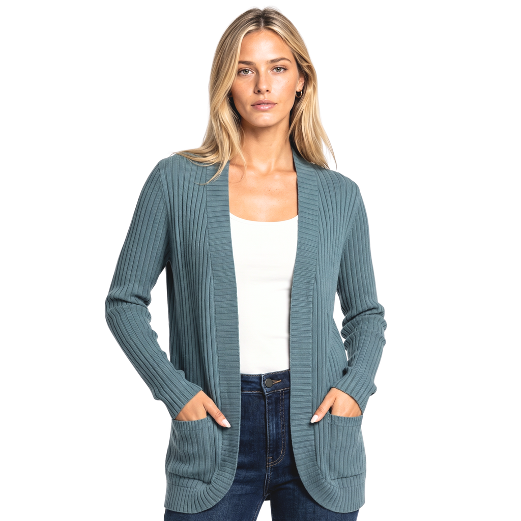 Women's Open Front Ribbed Cardigan with Side Pockets