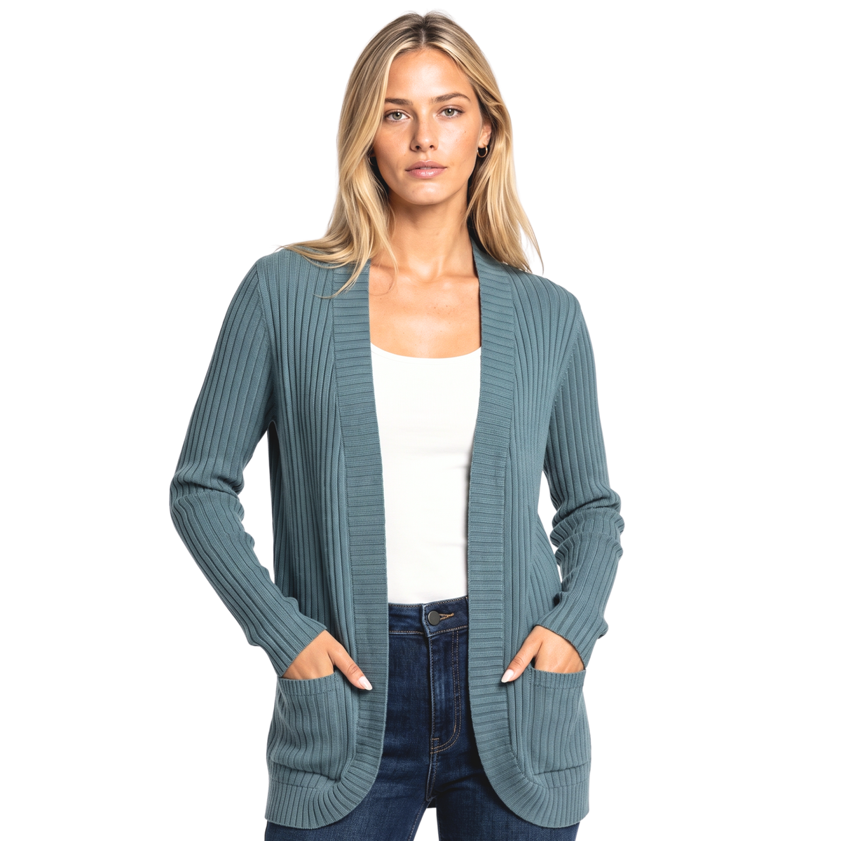 Women's Open Front Ribbed Cardigan with Side Pockets