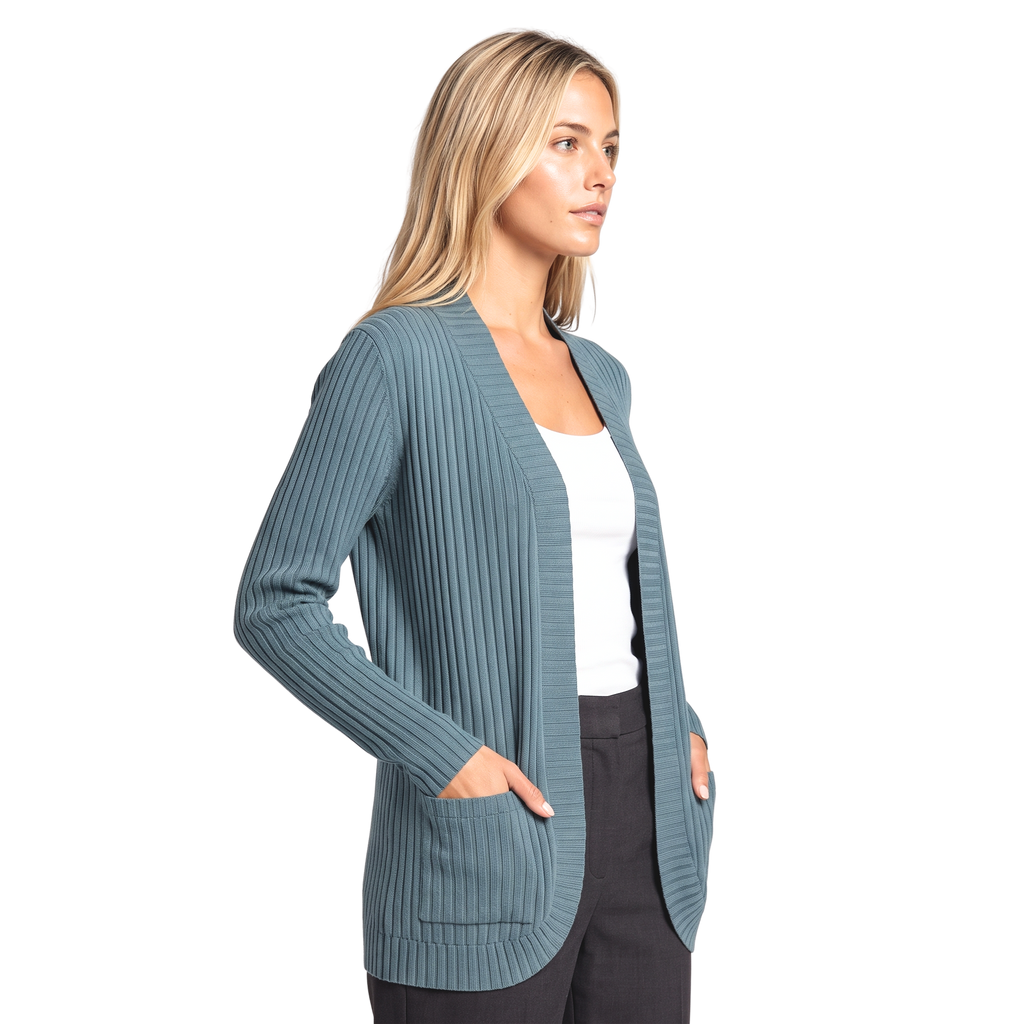 Women's Open Front Ribbed Cardigan with Side Pockets