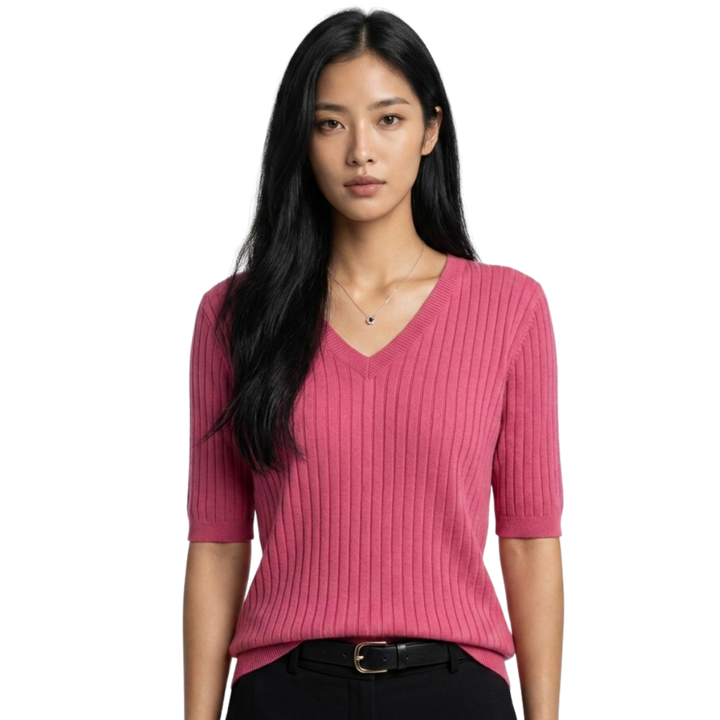 Women’s V-Neck Elbow-Length Sleeve Ribbed Knit Pullover Sweater