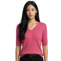 Women’s V-Neck Elbow-Length Sleeve Ribbed Knit Pullover Sweater