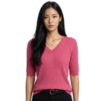 Women’s V-Neck Elbow-Length Sleeve Ribbed Knit Pullover Sweater