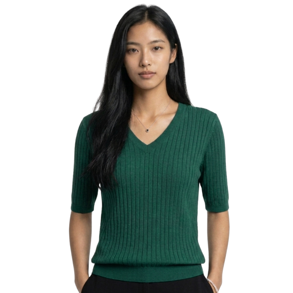 Women’s V-Neck Elbow-Length Sleeve Ribbed Knit Pullover Sweater