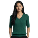 Women’s V-Neck Elbow-Length Sleeve Ribbed Knit Pullover Sweater