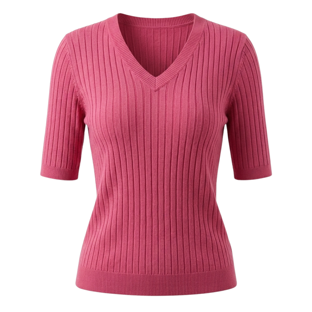 Women’s V-Neck Elbow-Length Sleeve Ribbed Knit Pullover Sweater