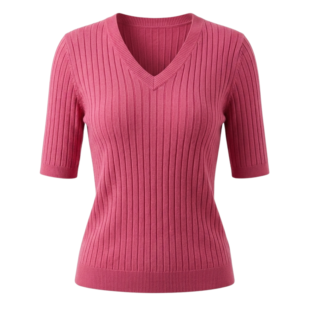 Women’s V-Neck Elbow-Length Sleeve Ribbed Knit Pullover Sweater