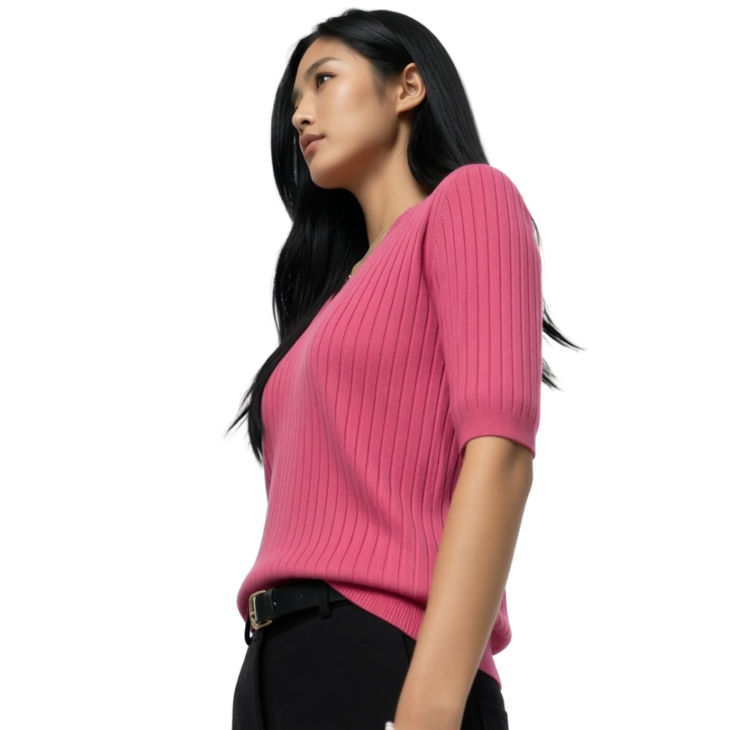 Women’s V-Neck Elbow-Length Sleeve Ribbed Knit Pullover Sweater