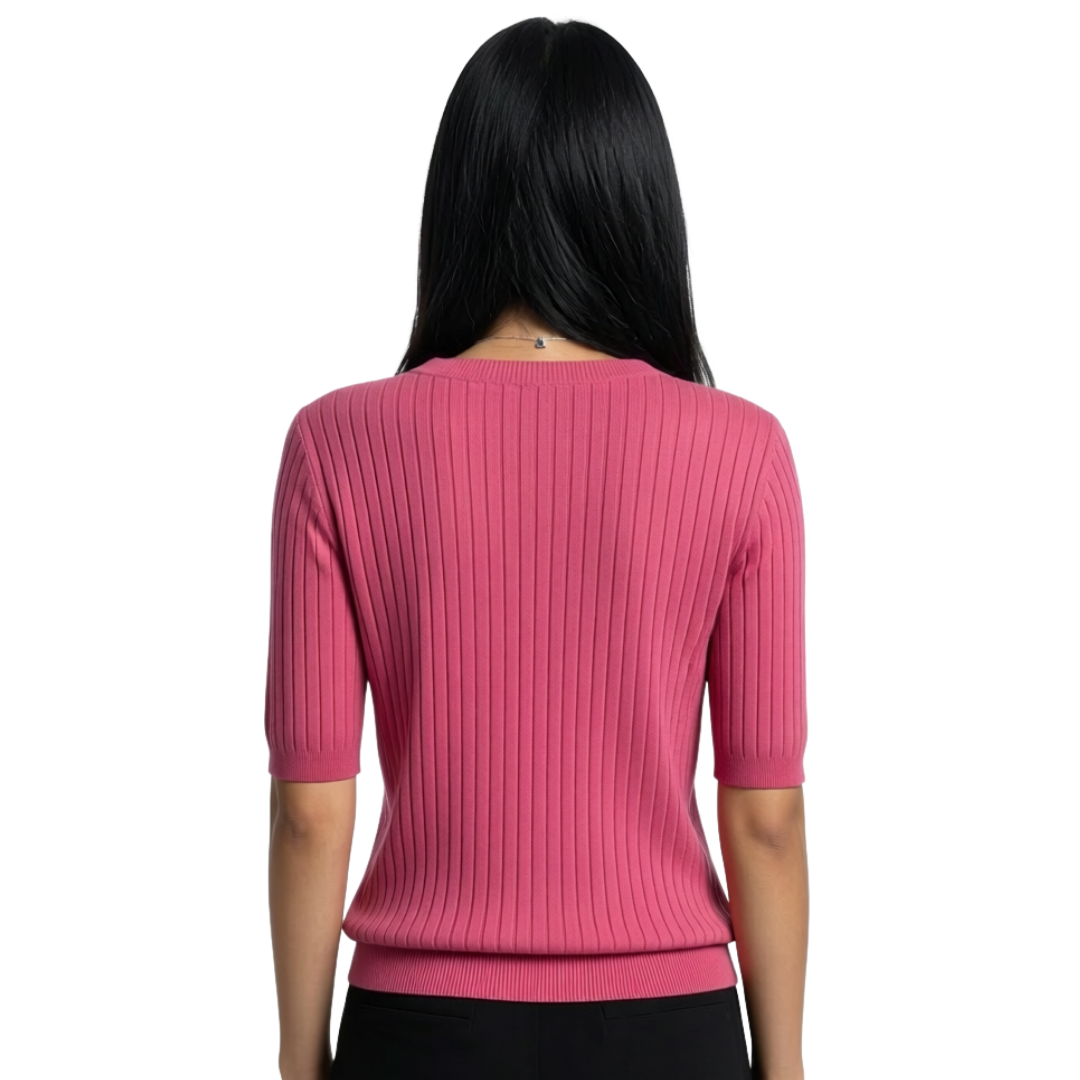 Women’s V-Neck Elbow-Length Sleeve Ribbed Knit Pullover Sweater