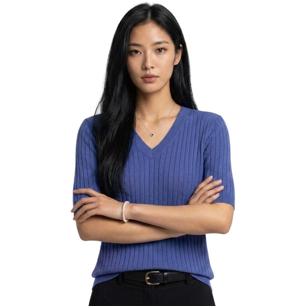 Women’s V-Neck Elbow-Length Sleeve Ribbed Knit Pullover Sweater