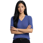 Women’s V-Neck Elbow-Length Sleeve Ribbed Knit Pullover Sweater