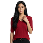 Women’s V-Neck Elbow-Length Sleeve Ribbed Knit Pullover Sweater