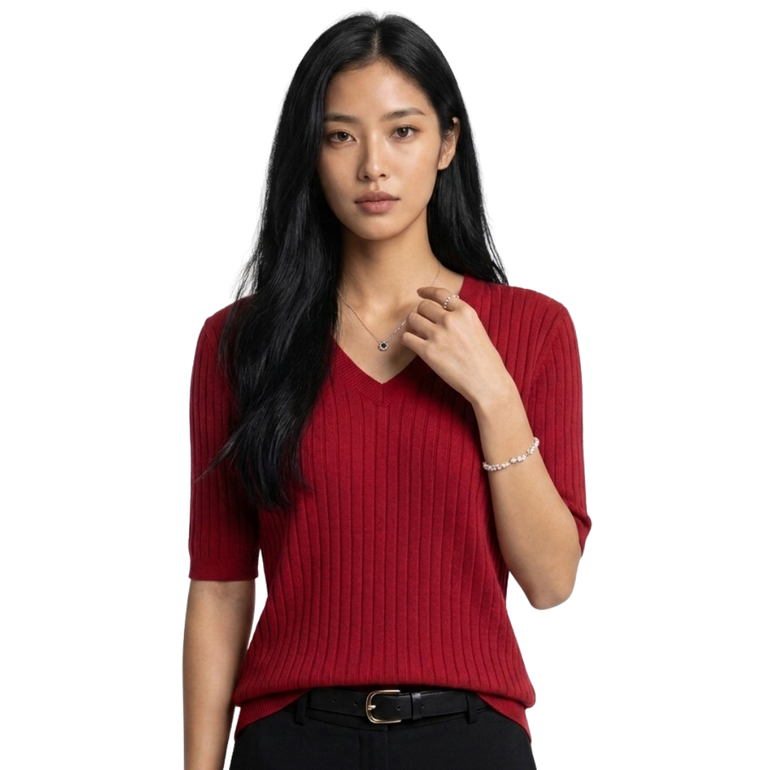 Women’s V-Neck Elbow-Length Sleeve Ribbed Knit Pullover Sweater