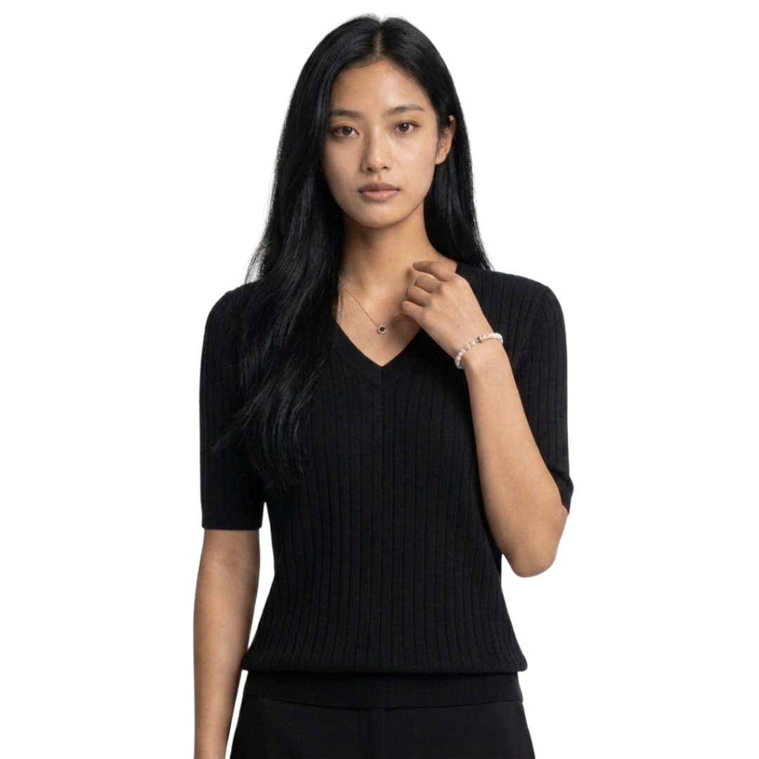 Women’s V-Neck Elbow-Length Sleeve Ribbed Knit Pullover Sweater