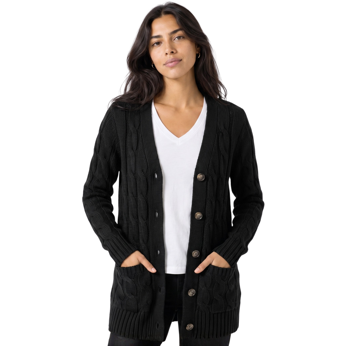 Women’s Cable-Knit Button-Front Long Cardigan Sweater