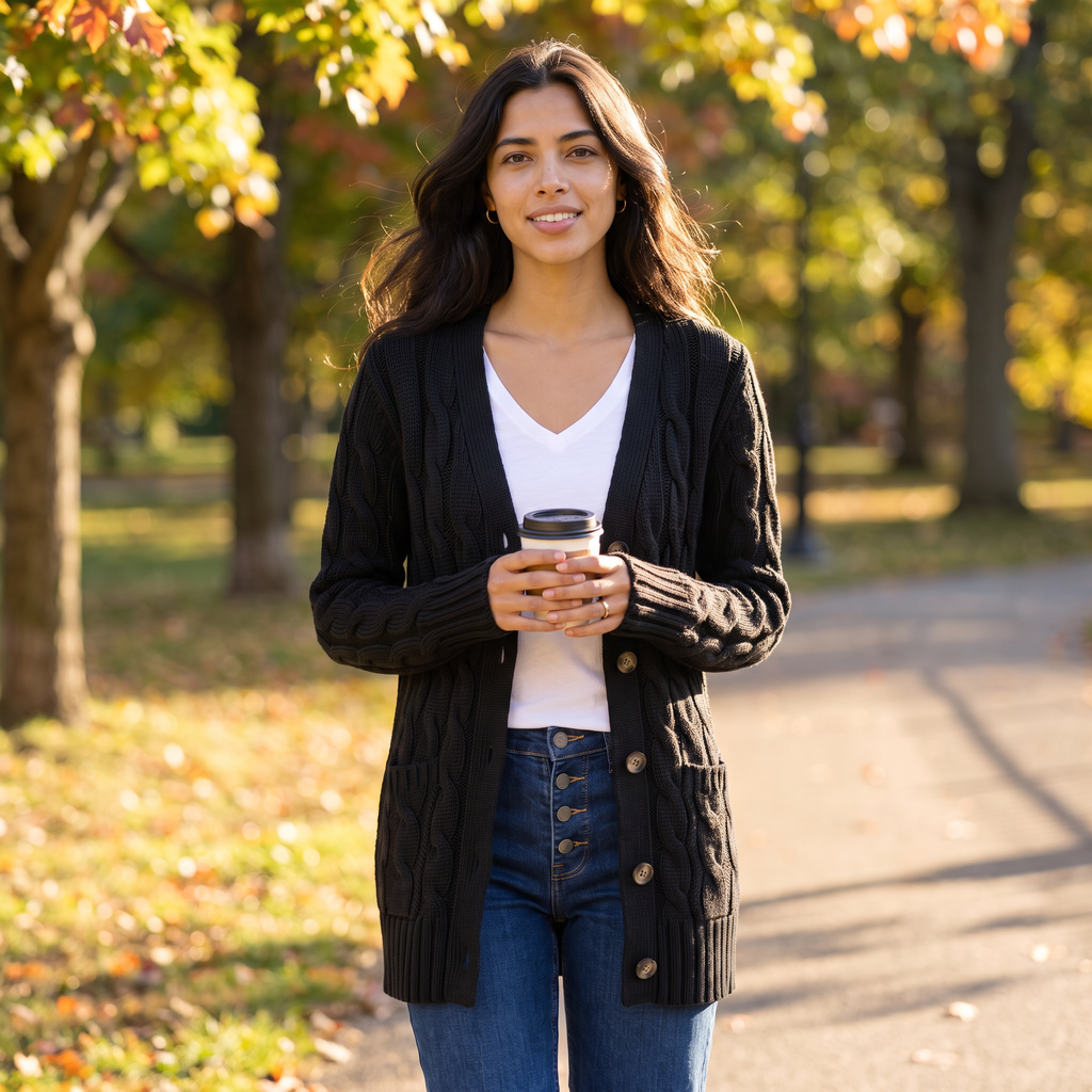 Women’s Cable-Knit Button-Front Long Cardigan Sweater