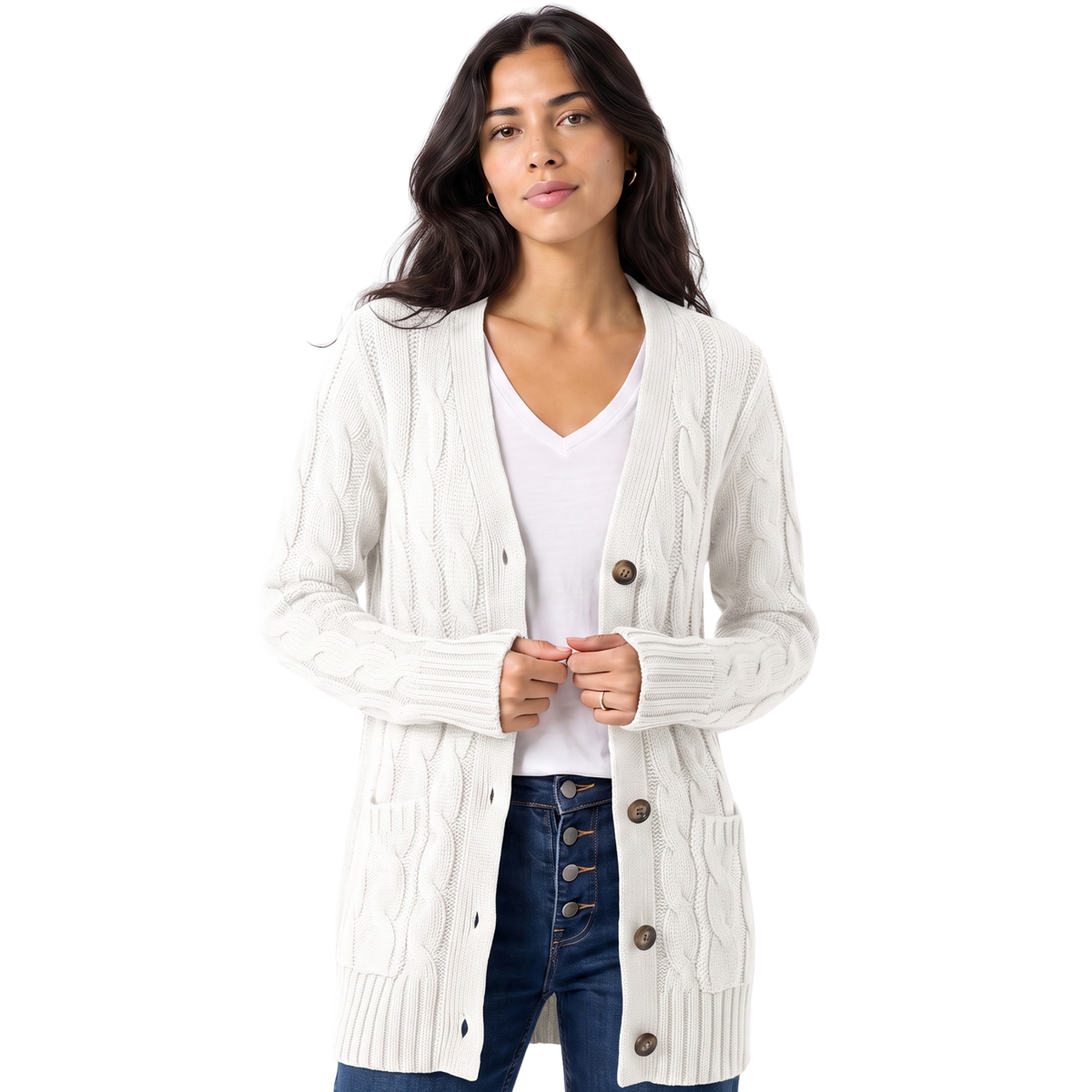 Women’s Cable-Knit Button-Front Long Cardigan Sweater