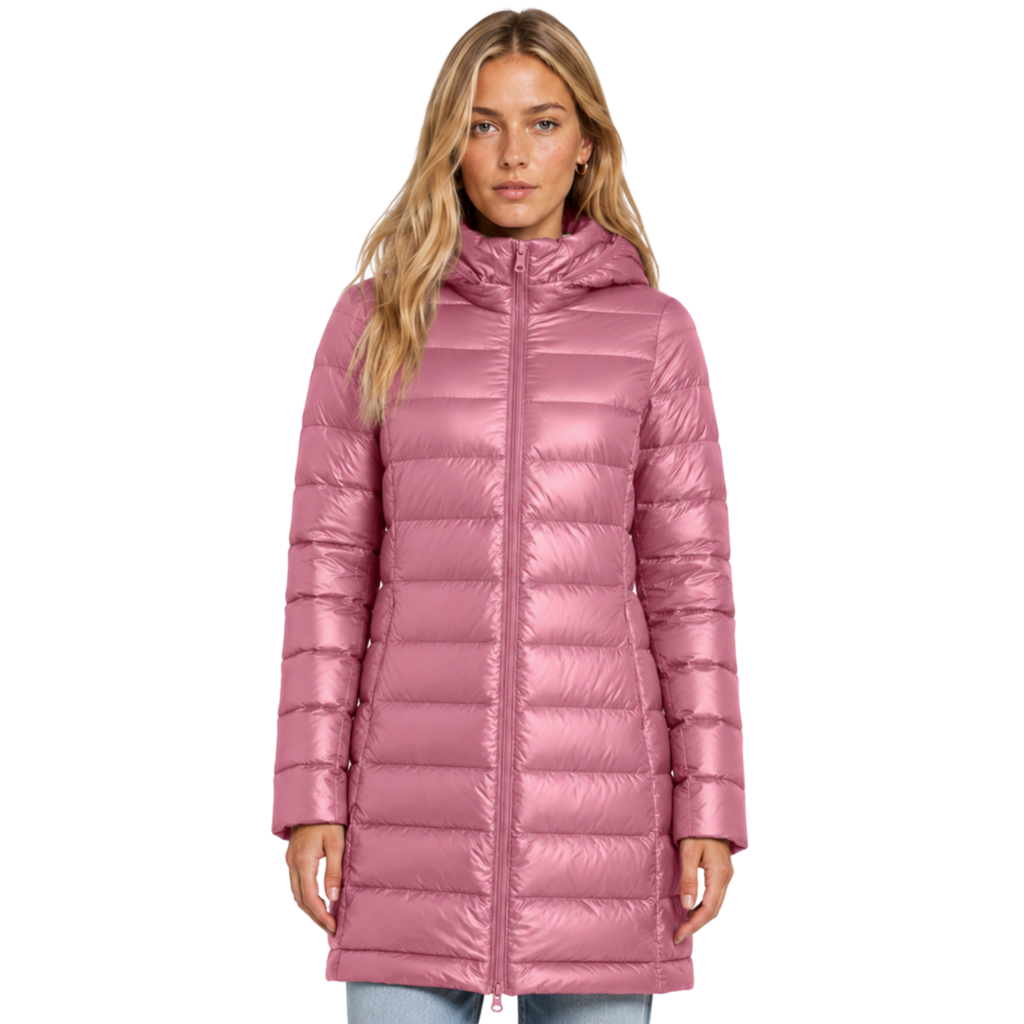 Women's Long Hooded Nylon Down Coat with Zipper Pockets