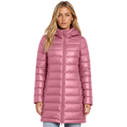 Women's Long Hooded Nylon Down Coat with Zipper Pockets