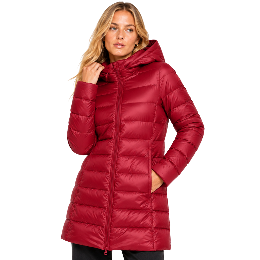 Women's Long Hooded Nylon Down Coat with Zipper Pockets