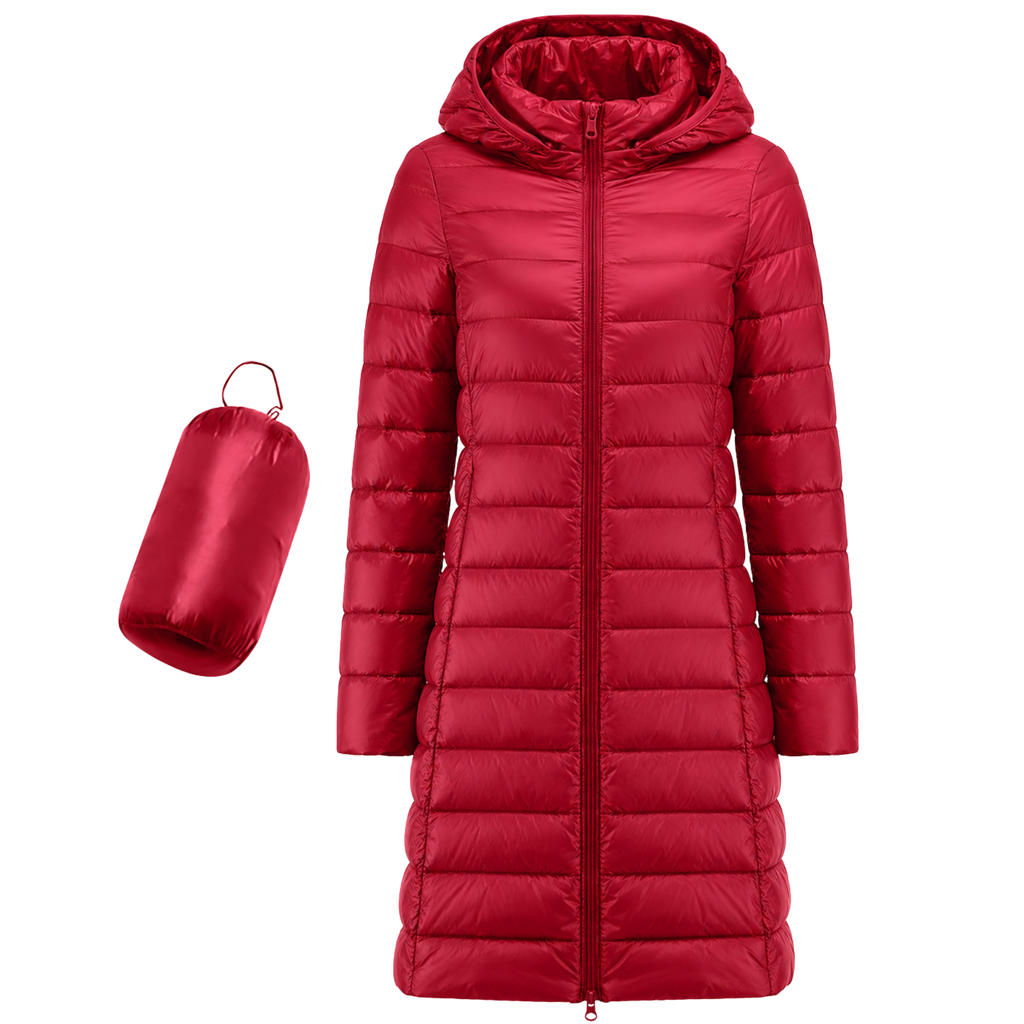 Women's Long Hooded Nylon Down Coat with Zipper Pockets