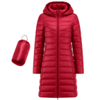 Women's Long Hooded Nylon Down Coat with Zipper Pockets
