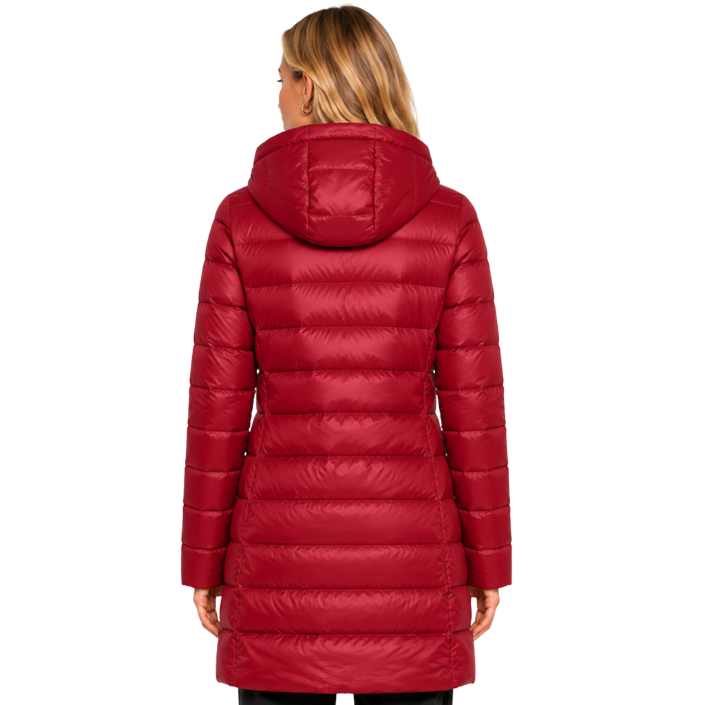Women's Long Hooded Nylon Down Coat with Zipper Pockets