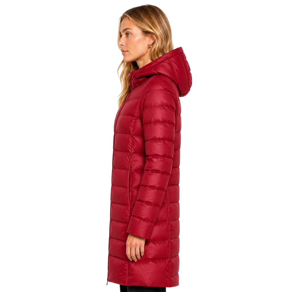 Women's Long Hooded Nylon Down Coat with Zipper Pockets
