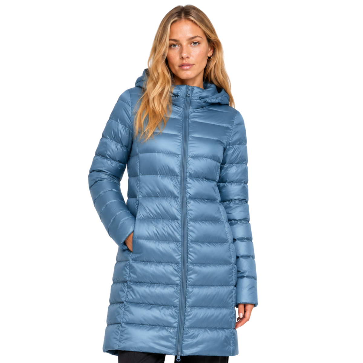Women's Long Hooded Nylon Down Coat with Zipper Pockets