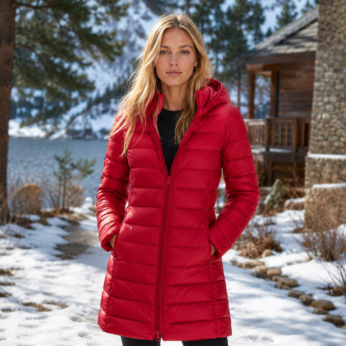 Women's Long Hooded Nylon Down Coat with Zipper Pockets