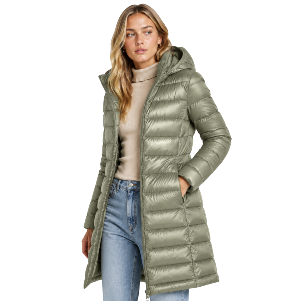 Women's Long Hooded Nylon Down Coat with Zipper Pockets