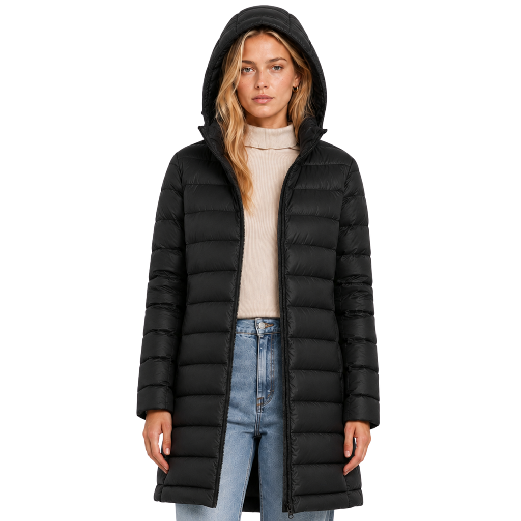 Women's Long Hooded Nylon Down Coat with Zipper Pockets