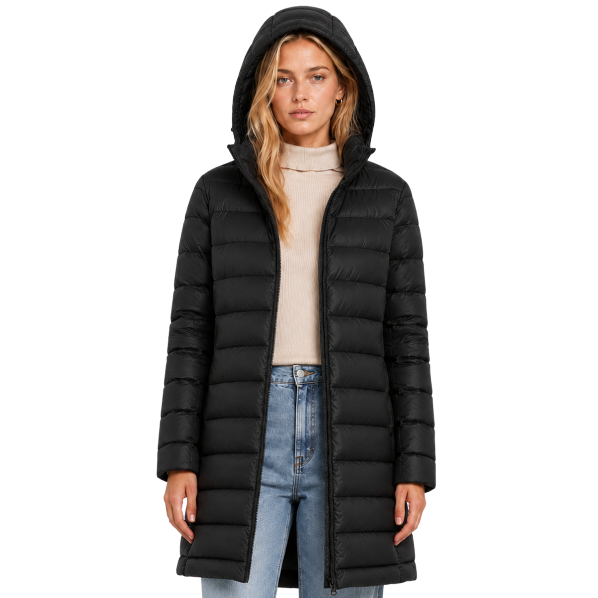 Women's Long Hooded Nylon Down Coat with Zipper Pockets